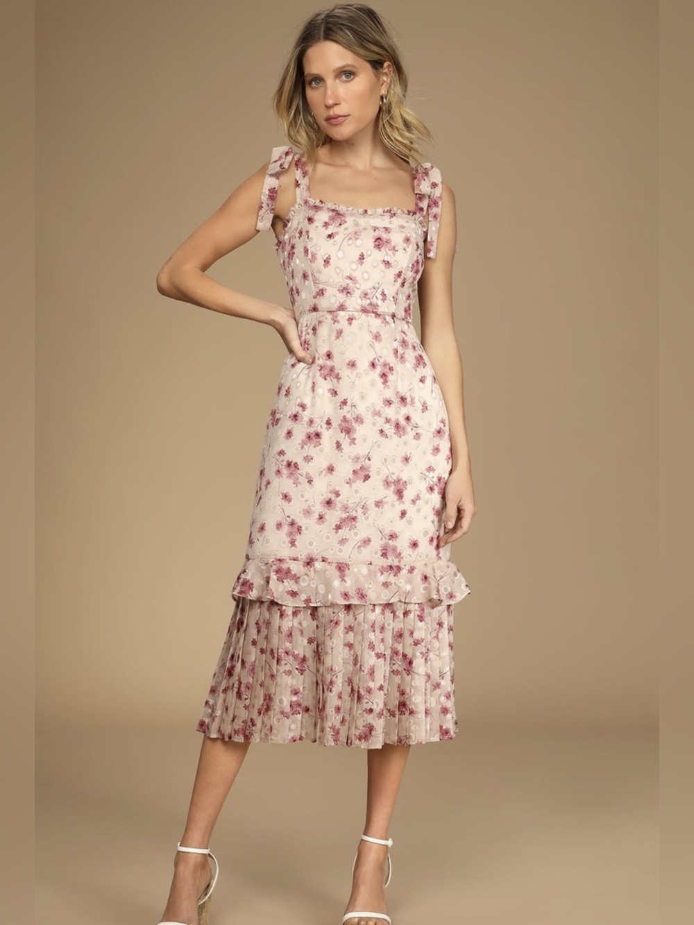 Lulus Pink Floral Square Neck Knot Straps Dress, Wedding Vacation - XL